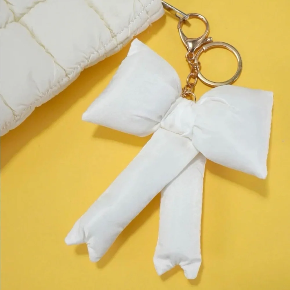 Josslyn White Puffy Bow Keychain/ Purse Charm with Gold Accents x2